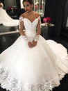 White Off Shoulder Ball Gown Long Sleeve Sweetheart Applique Wedding Dresses