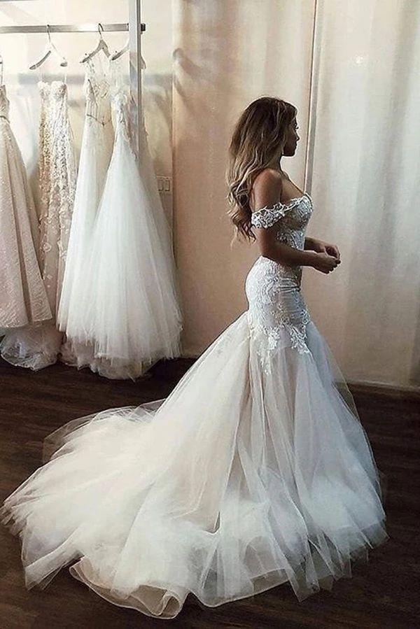 Sexy Mermaid/Trumpet Off Shoulder Sweetheart Tulle Backless Lace Wedding Dresses / Bridal Gowns 2021