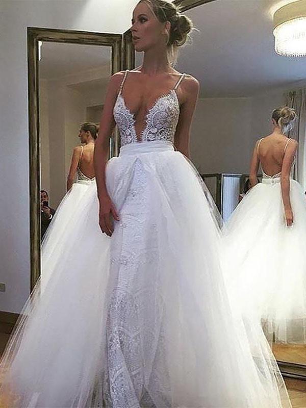 Spaghetti Straps White Sweetheart Lace With Detachable Train Tulle Backless Wedding Dresses