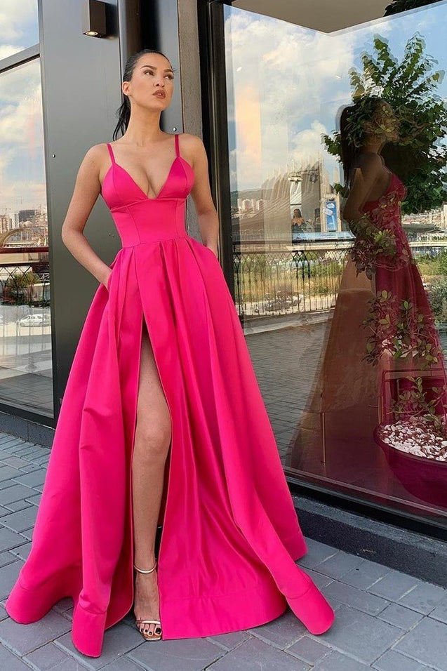 2021 A Line Satin Sweetheart Fuchsia Side Slit Long Prom Dresses