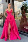 2021 A Line Satin Sweetheart Fuchsia Side Slit Long Prom Dresses