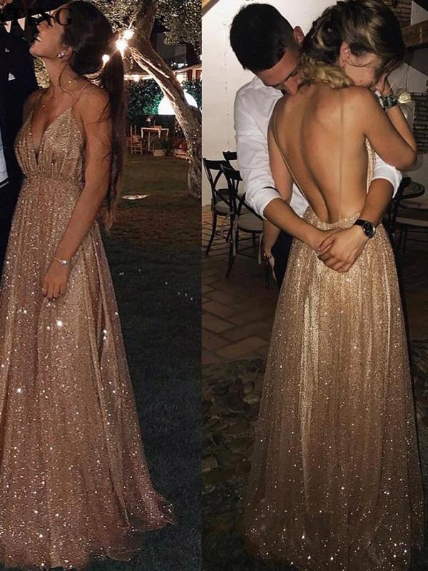 A Line Side Slit Champagne Backless Sequence Long Shiny V Neck Prom Dresses 2021