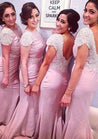 Pink Mermaid Scoop Short Sleeve Backless Long Bridesmaid Dresses / Gowns