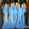 Blue Sheath Applique Off Shoulder Chiffon Long Bridesmaid Dresses / Gowns