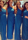 Royal Blue Column Ruffle One Shoulder Chiffon Long Bridesmaid Dresses / Gowns