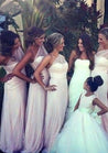 Pearl Pink Tulle One Shoulder Column Ruffle Long Bridesmaid Dresses / Gowns