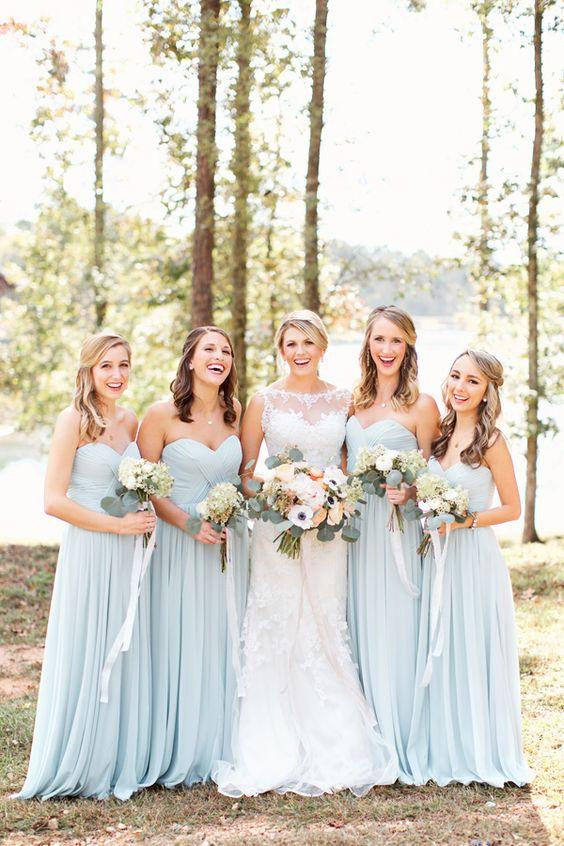 2021 New Arrival A Line Sweetheart Light Sky Blue Chiffon Long Bridesmaid Dresses / Gowns