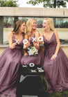 2021 New Arrival A Line Tulle Deep V Light Purple Long Bridesmaid Dresses / Gowns With Straps