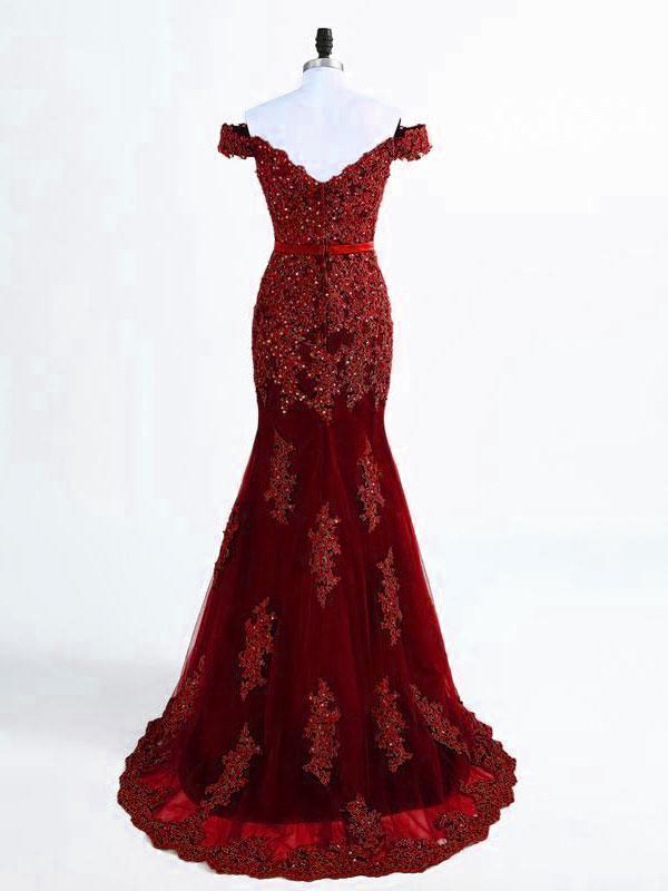 A Line Off Shoulder Burgundy Lace Prom Dresses, Burgundy Lace Formal Dresses, Bridesmaid Dresses