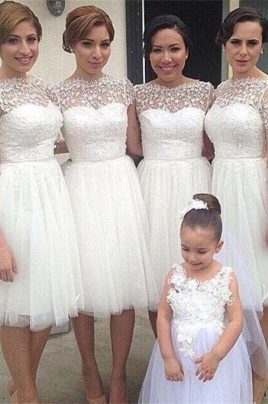 2021 New Arrival A Line Tulle White Short Bridesmaid Dresses / Gowns