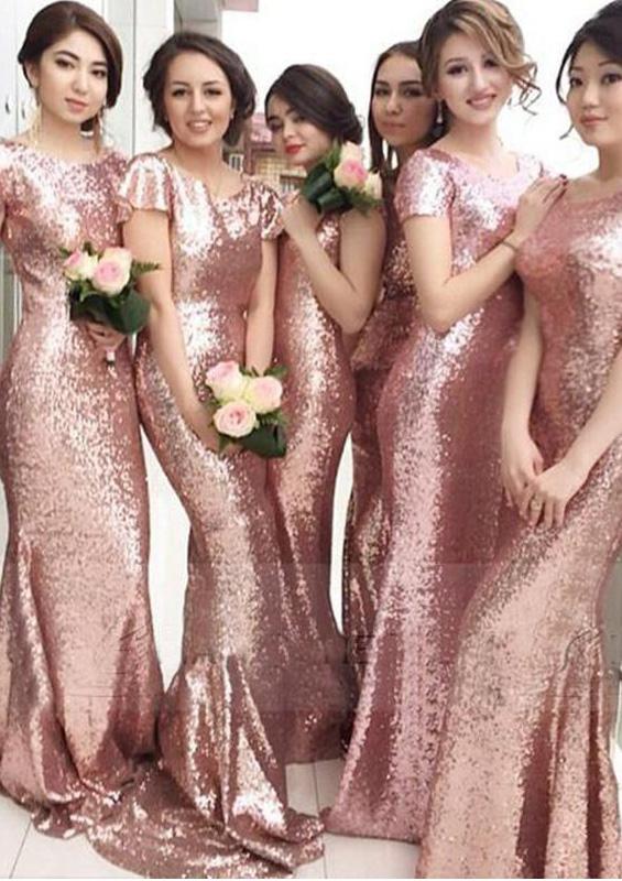 2021 Newly Mermaid Sequins Short Sleeves Long Train Pink Bridesmaid Dresses / Gowns