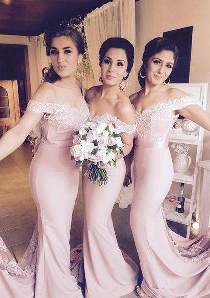 2021 New Arrival Mermaid Pink Off The Shoulder Lace Long Bridesmaid Dresses / Gowns