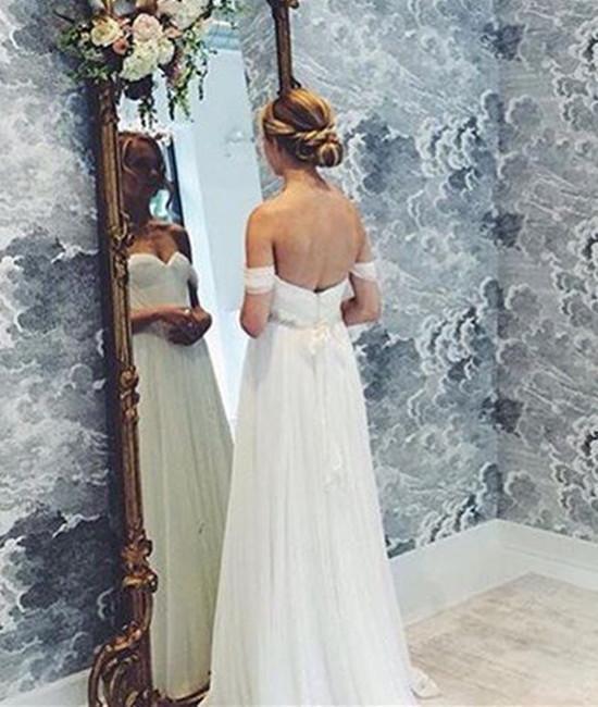 A-Line Off-Shoulder White Chiffon Backless Prom Dresses, Evening Dresses, Backless Wedding Dresses