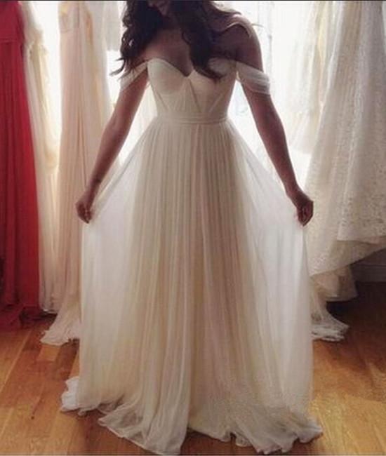 A-Line Off-Shoulder White Chiffon Backless Prom Dresses, Evening Dresses, Backless Wedding Dresses