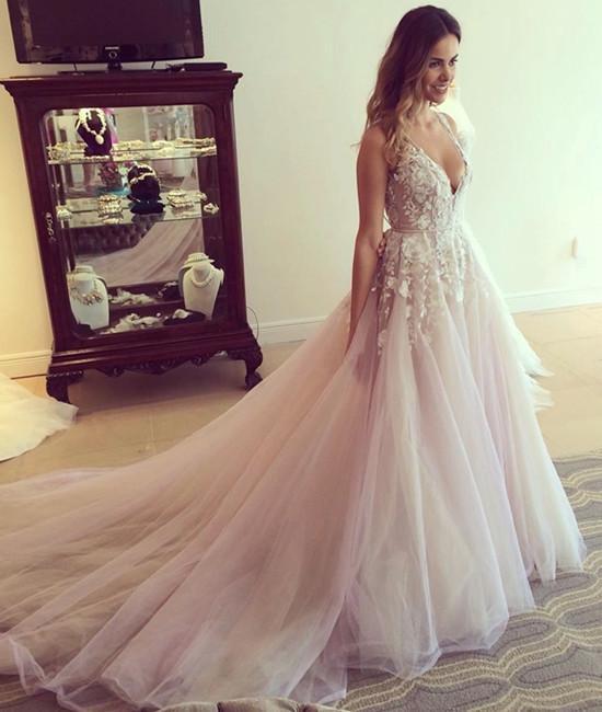 A-Line V-Neck Lace Long Prom Dresses, Wedding Dresses, Prom Gown