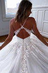 A Line V Neck Open Back White Lace Long Wedding Dress, White Lace Long Formal Graduation Prom Dress