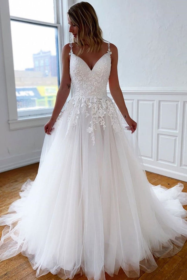 A Line V Neck Open Back White Lace Long Wedding Dress, White Lace Long Formal Graduation Prom Dress