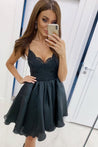 A Line V Neck Spaghetti Straps Black Lace Prom Dress, Short Black Lace Formal Graduation Homecoming Dress