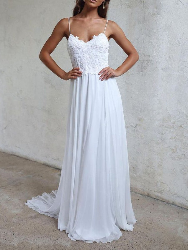 A Line Spaghetti Straps Backless Lace White Beach Wedding Dresses, White Backless Lace Long Prom Dresses, White Formal Dresses