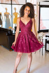 Cute V Neck Backless Burgundy Lace Short Prom Dress, Short Maroon Lace Formal Graduation Homecoming Dress