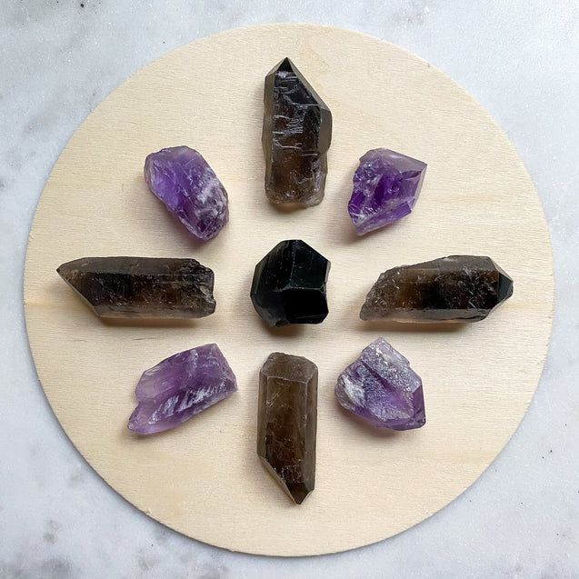 Crystal Energy Grid: Grounding & Protection with Amethyst, Black Tourmaline & Smoky Quartz