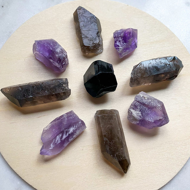 Crystal Energy Grid: Grounding & Protection with Amethyst, Black Tourmaline & Smoky Quartz