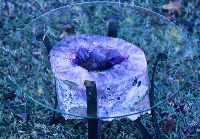 Amethyst Geode Table Natural Geode Exposure 22.00 Iron Stand Custom Glass GG-20s