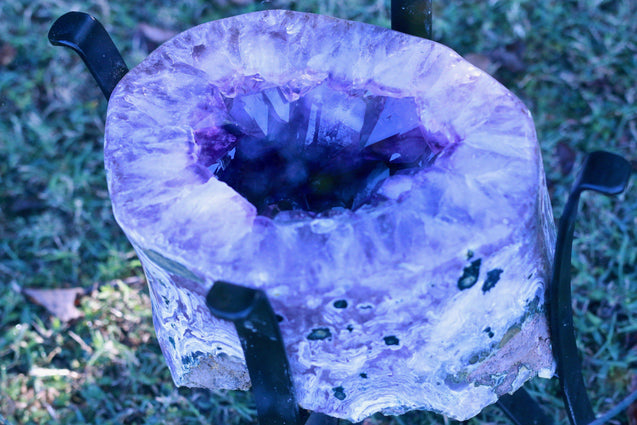 Amethyst Geode Table Natural Geode Exposure 22.00 Iron Stand Custom Glass GG-20s