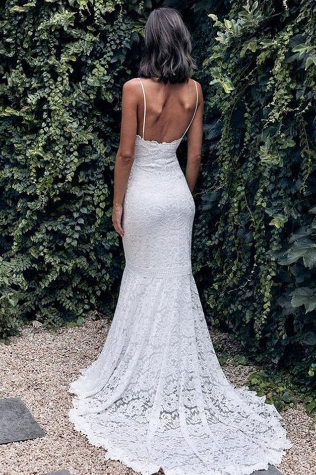 Mermaid Backless White Lace Long Prom Dress Wedding Dress with Train, Mermaid White Lace Formal Dress, Backless Lace Evening Dress