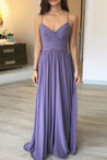 Simple A Line V Neck Backless Long Lavender Prom Dress, Backless Lavender Bridesmaid Dress, V Neck Backless Lavender Formal Graduation Evening Dress