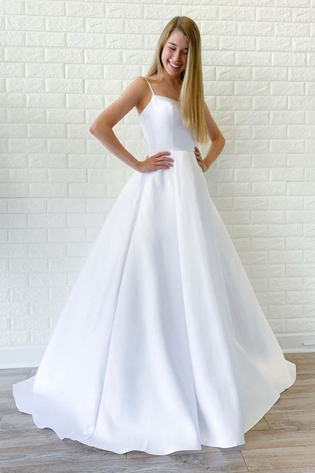 Simple A Line White Satin Long Wedding Prom Dress, Cheap White Formal Graduation Evening Dress