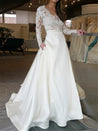 V Neck Long Sleeves Lace Appliques White Wedding Dresses Long Prom Dresses, White Lace Formal Dresses, Evening Dresses