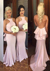 2021 New Arrival Satin Pink Backless High Neck Long Bridesmaid Dresses / Gowns