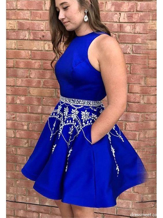 Cute A Line Round Neck Open Back Royal Blue Short Homecoming Dresses with Beading,