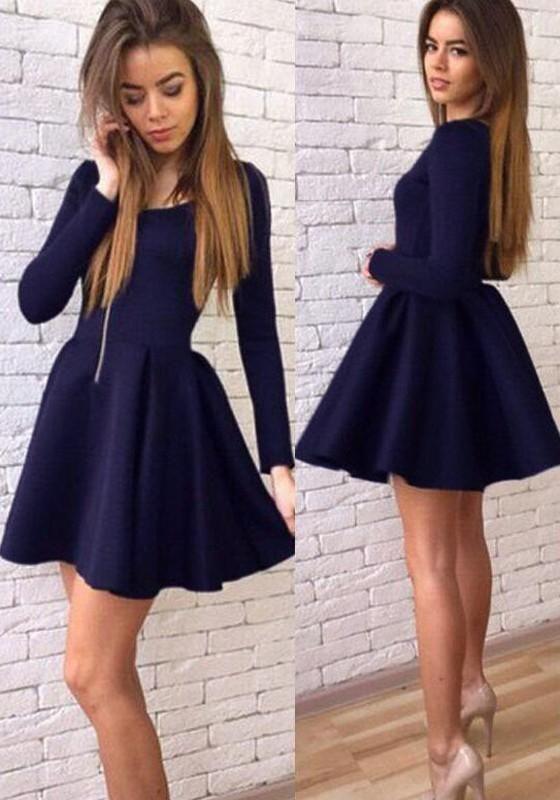 Cheap Navy Blue Long Sleeves Modest Mini Short Prom Dress