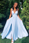 Simple blue v neck long prom dress, evening dress