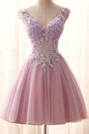 Chic V Neck Pink Tulle Applique Flower See Through Short Prom Dress