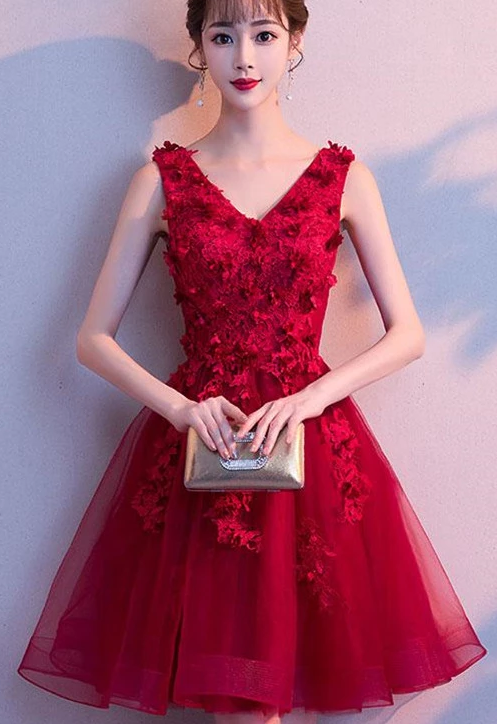 Wine Red V-Neckline Tulle Party Dress With Applique, Short Homecoming Dress