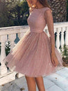 Pink Sequin Glitter Sparkly Grenadine Backless Long Sleeve Elegant Bridesmaid Prom Mini Dress