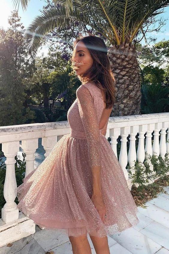 Pink Sequin Glitter Sparkly Grenadine Backless Long Sleeve Elegant Bridesmaid Prom Mini Dress