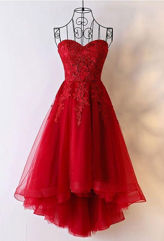 Beautiful Tulle High Low Simple Red Homecoming Dresses, Lace-up Back Formal Dress, Prom Dress