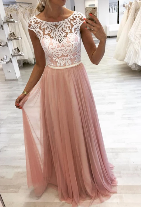 Pink tulle lace long prom dress, pink evening dress