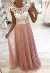 Pink tulle lace long prom dress, pink evening dress