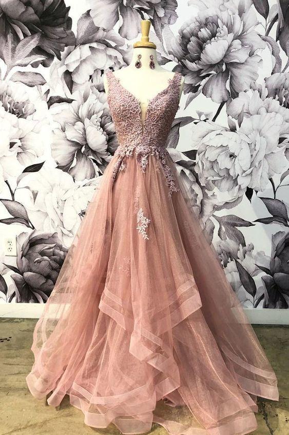 Unique Champagne Pink Tulle V Neck Lace Halter Prom Dress, Lace Up Homecoming Dress