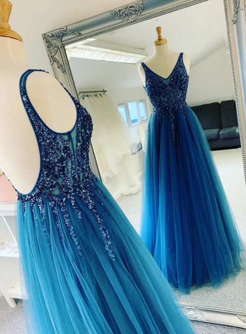 Blue v neck tulle beads long prom dress, blue evening dress