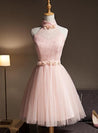 Light Pink Halter Tulle And Lace Lovely Knee Length Formal Dress, Cute Party Dress, Pink Prom Dresses