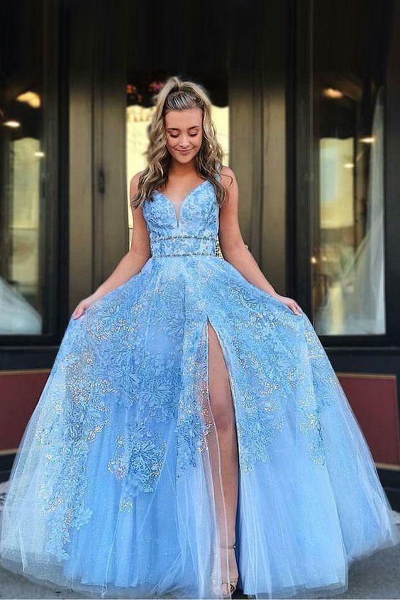 Light Blue Floor Length Sleeveless Lace Prom Dresses