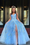 Light Blue Floor Length Sleeveless Lace Prom Dresses