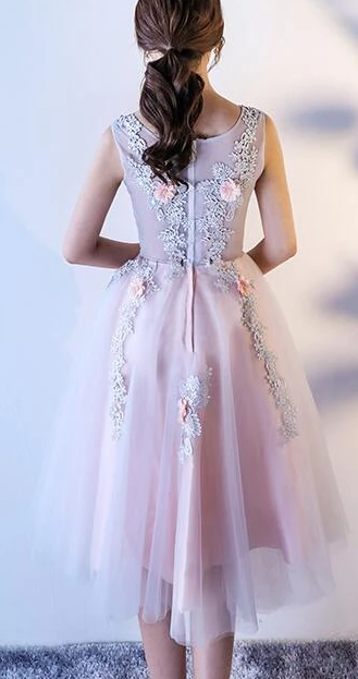 Beautiful Floral Lace Tulle Party Dress, Knee Length Prom Dress