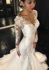 Tulle Sweep Train Trumpet/Mermaid Long Sleeve V-Neck Covered Button Wedding Dresses / Gowns With Appliqued